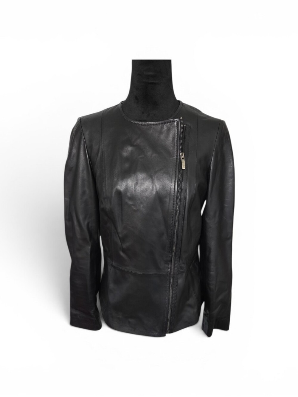 Pure Collection Black Asymmetric Zip Leather Jacket - Women Size 4